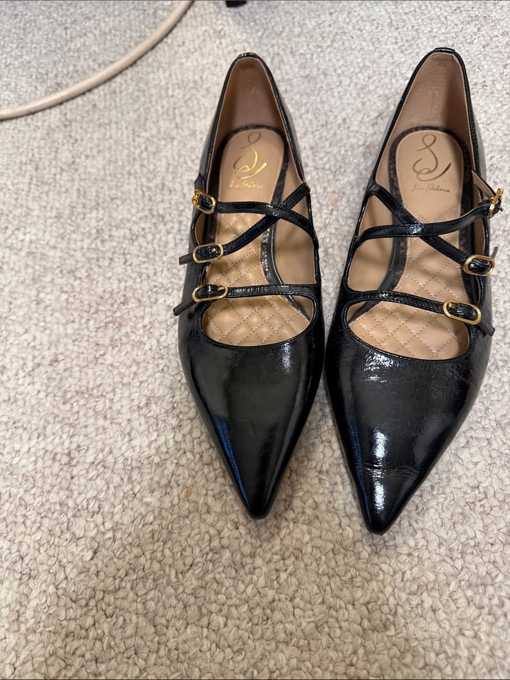 Sam Edelman Black Patent Pointed Triple-Strap Flats with Gold Buckles